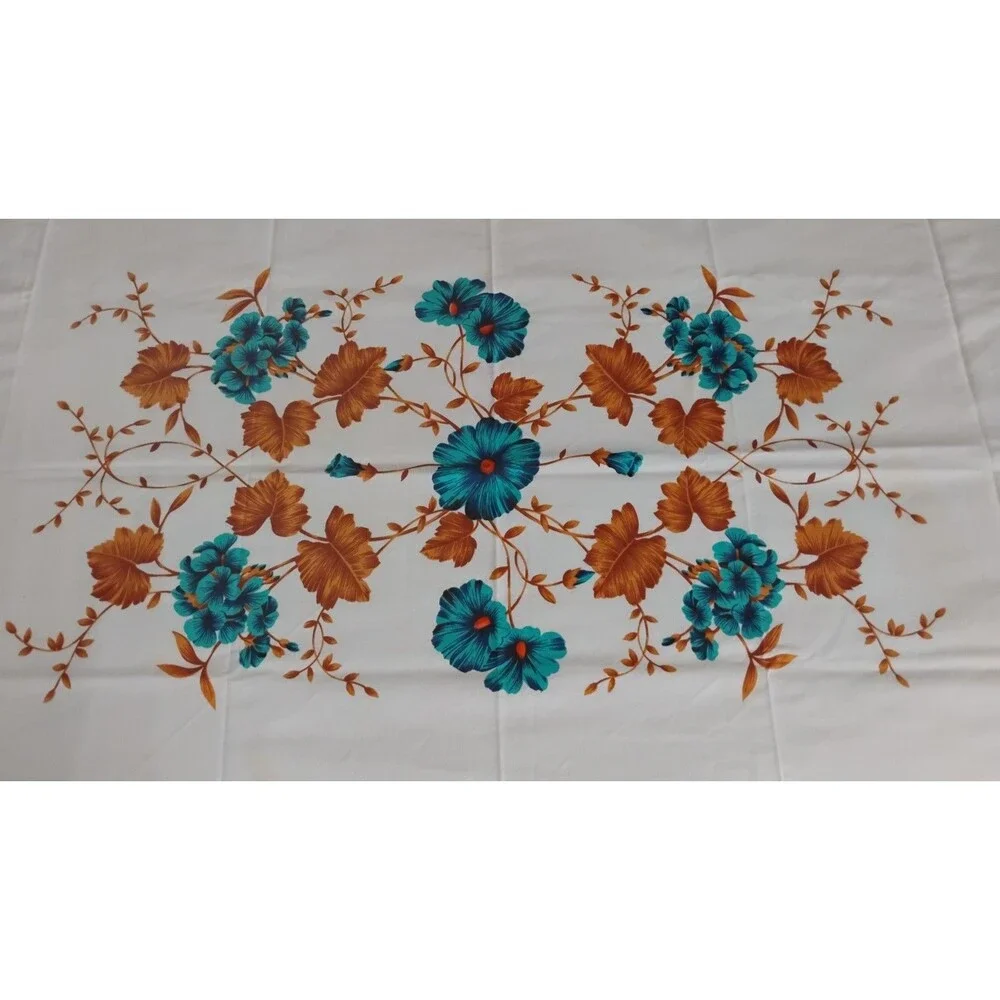 Vtg Mid Century Tropical Cotton Tablecloth 57 X 66 Hollywood Regency Blue White